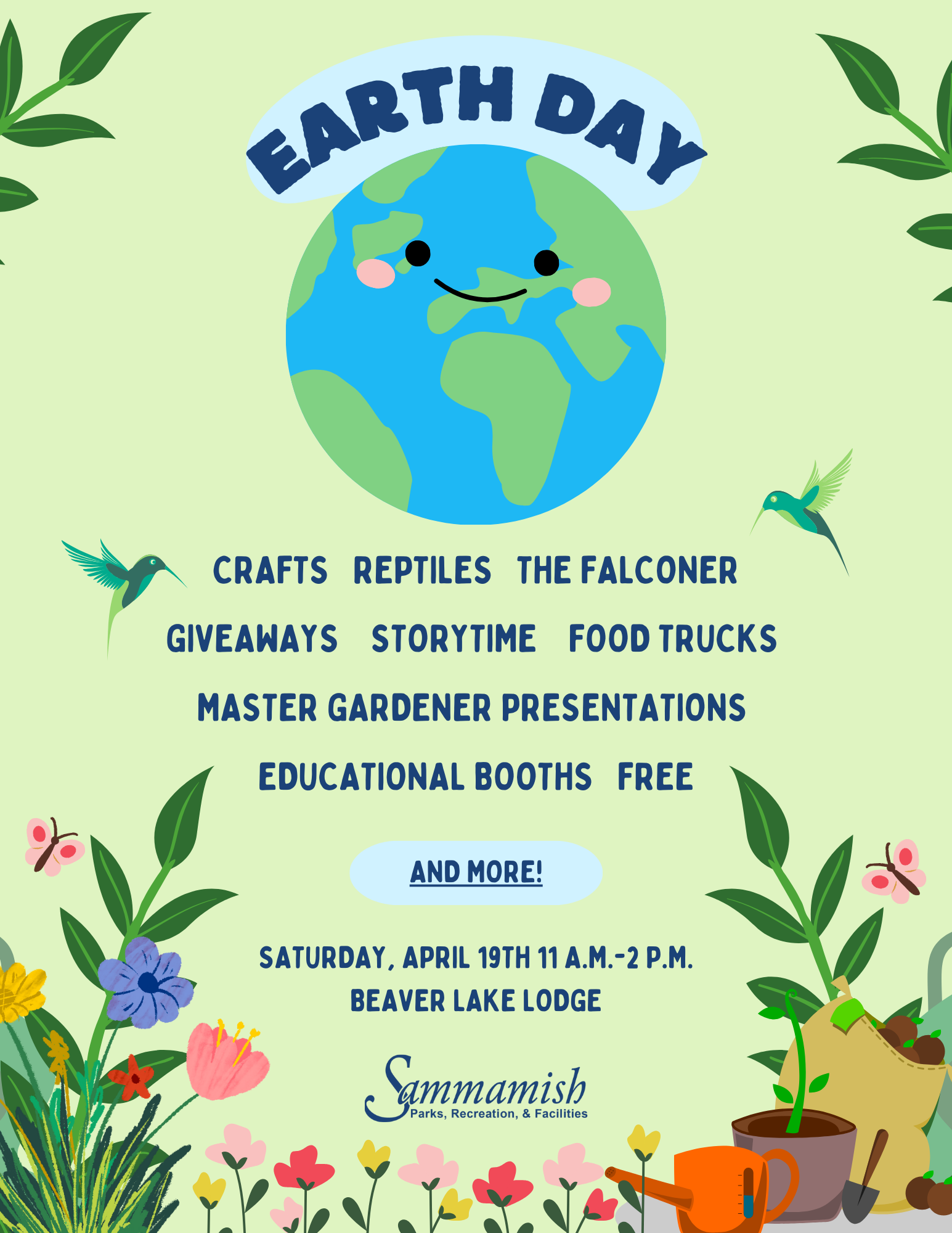 Earth Day event flyer with a smiling Earth graphic, flowers, birds, and gardening items. Event details: April 19th, 11 AM-2 PM at Beaver Lake Lodge. Activities include crafts, reptiles, food trucks, and more.