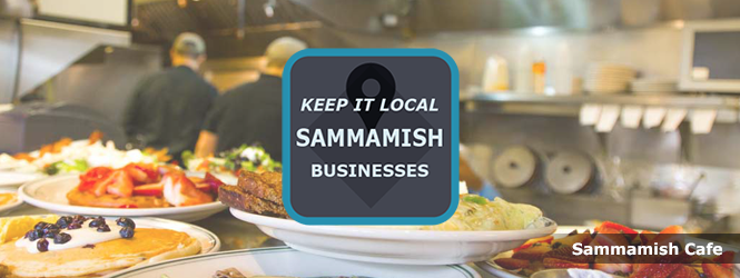 Kitchen of Sammamish Cafe with plates of food ready to go out to customers and chefs working in background. It says "Keep it local. Sammamish businesses. Sammamish Cafe."