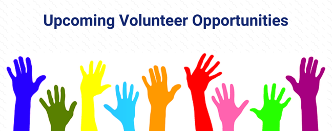 Colorful raised hands below the text - Upcoming Volunteer Opportunities - � on a white background, symbolizing community participation and volunteering.