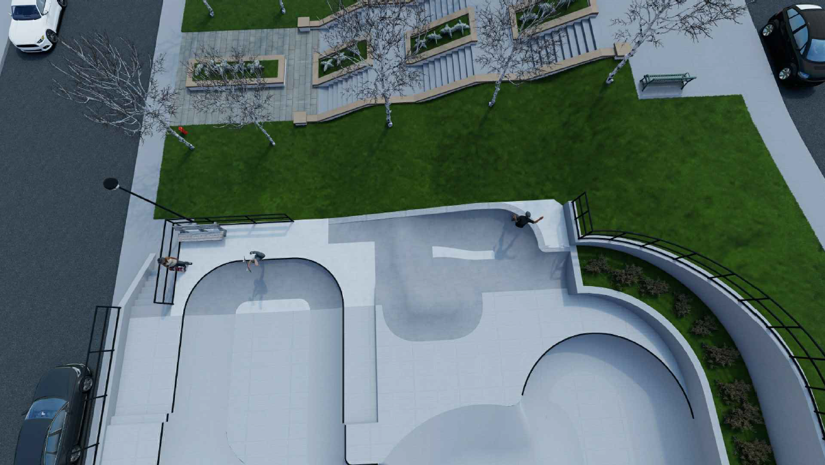 digital concept design for Sammamish Commons Skatepark expansion showing skatepark next to grassy area with steps on the other side divided by trees